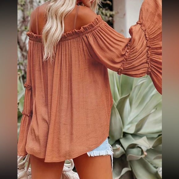 Luxe apricot off shoulder long sleeve casual blouse - Picture 9 of 15